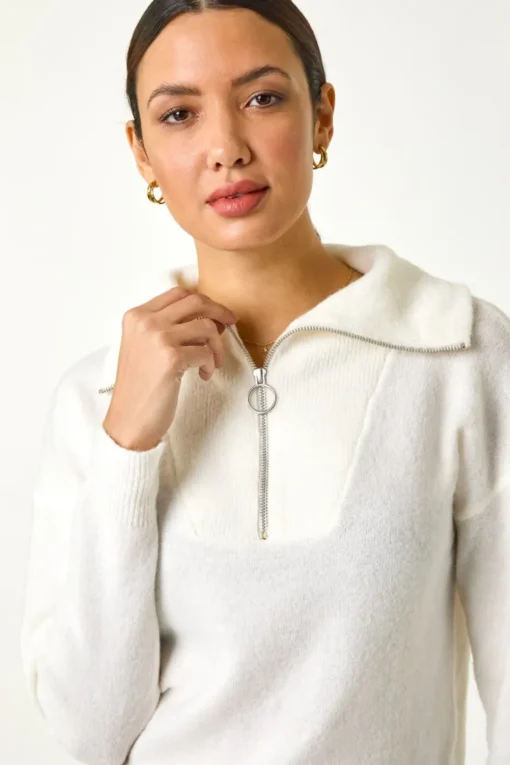 Roman Ivory Collar Zip Neck Knit Jumper