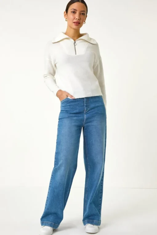 Roman Ivory Collar Zip Neck Knit Jumper