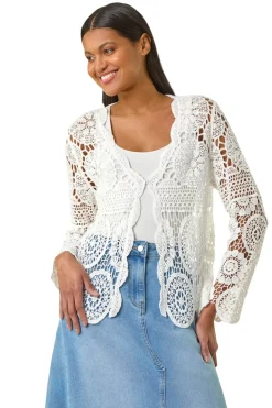 Roman Ivory Crochet Tie Front Knit Cardigan