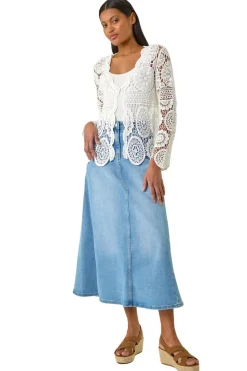 Roman Ivory Crochet Tie Front Knit Cardigan
