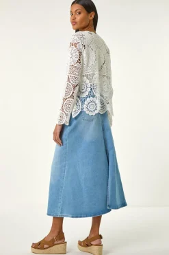 Roman Ivory Crochet Tie Front Knit Cardigan