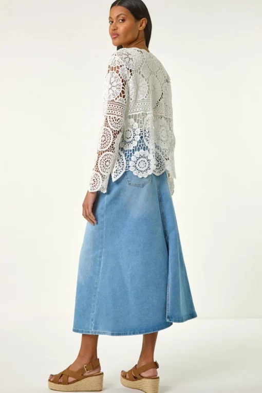 Roman Ivory Crochet Tie Front Knit Cardigan