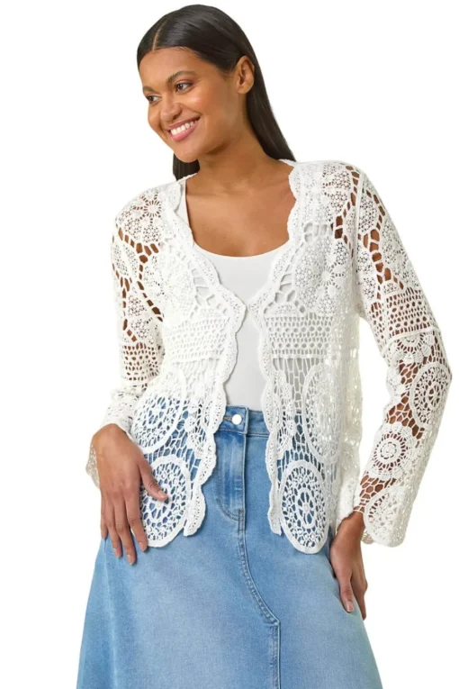 Roman Ivory Crochet Tie Front Knit Cardigan