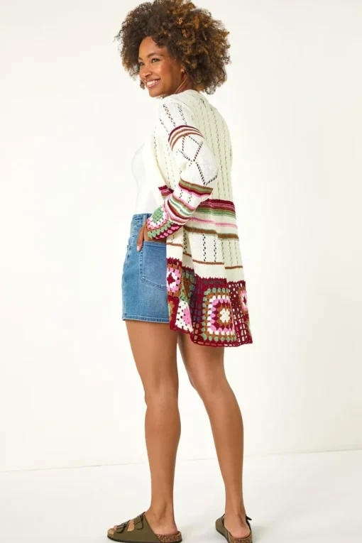 Roman Ivory Edge Crochet Detail Knit Cardigan