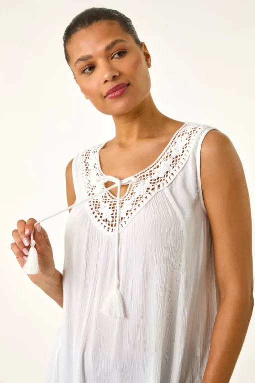 Roman Ivory Embroidered Tie Neck Vest Top