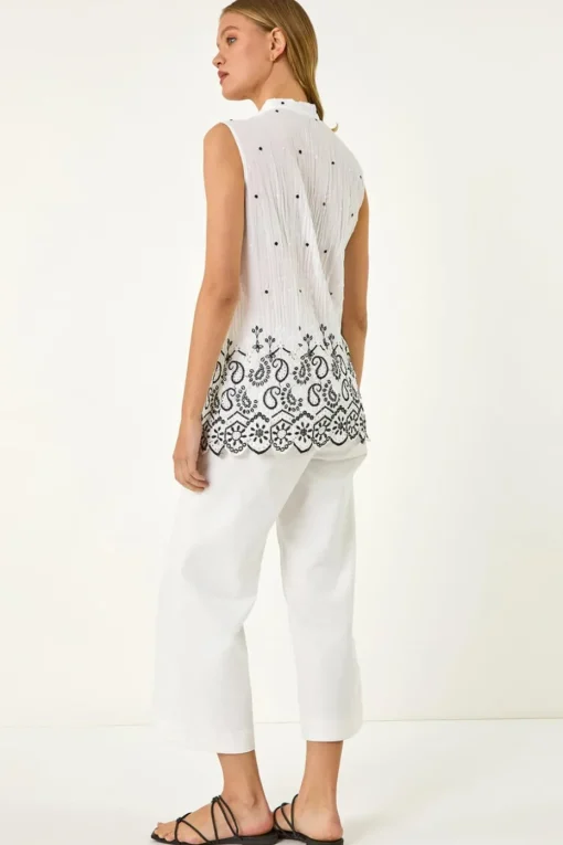 Roman Ivory Embroidered V-Neck Blouse