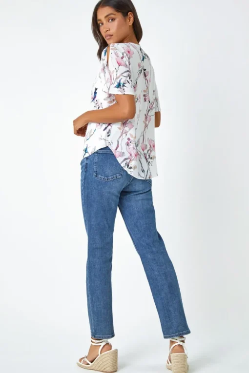 Roman Ivory Floral Angel Sleeve V-Neck Top