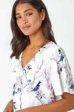 Roman Ivory Floral Angel Sleeve V-Neck Top