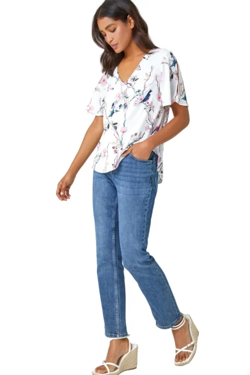 Roman Ivory Floral Angel Sleeve V-Neck Top