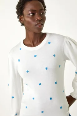 Roman Ivory Floral Embroidery Knit Top