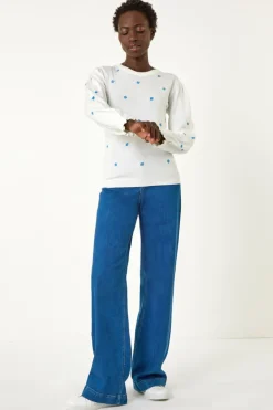 Roman Ivory Floral Embroidery Knit Top
