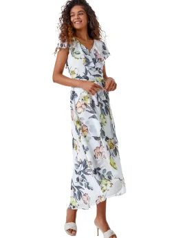 Roman Ivory Floral Print Frill Cape Wrap Dress