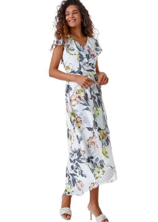 Roman Ivory Floral Print Frill Cape Wrap Dress