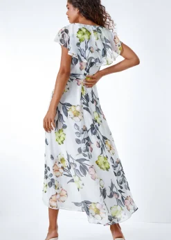 Roman Ivory Floral Print Frill Cape Wrap Dress