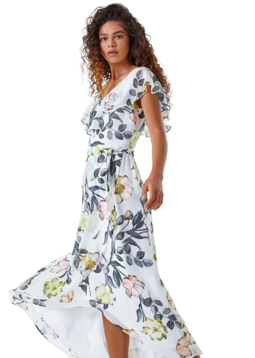 Roman Ivory Floral Print Frill Cape Wrap Dress