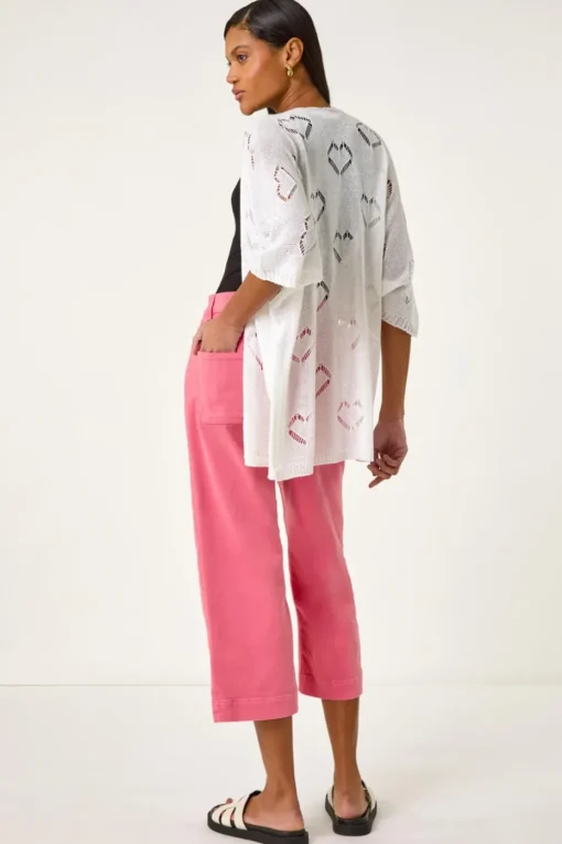 Roman Ivory Pointelle Heart Knit Cardigan