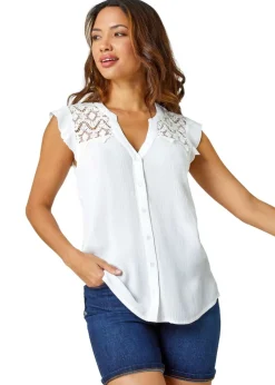 Roman Ivory  Sleeveless Lace Detail Blouse