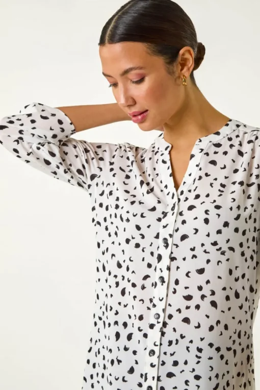 Roman Ivory Spot Print V-Neck Button Blouse