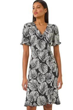 Roman Ivory Stretch Leaf Print Side Button Dress