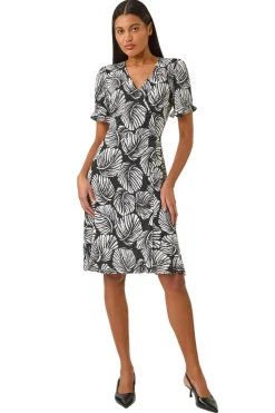 Roman Ivory Stretch Leaf Print Side Button Dress