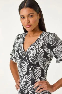 Roman Ivory Stretch Leaf Print Side Button Dress