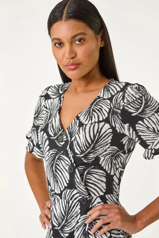 Roman Ivory Stretch Leaf Print Side Button Dress