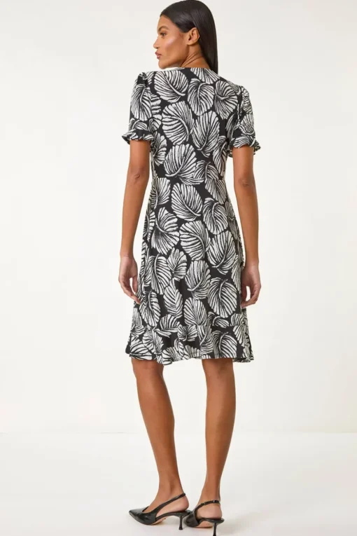 Roman Ivory Stretch Leaf Print Side Button Dress