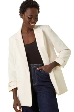 Roman Ivory Tailored Ruched Sleeve Stretch Blazer