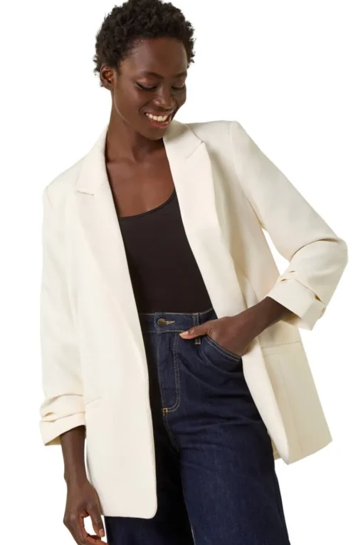 Roman Ivory Tailored Ruched Sleeve Stretch Blazer