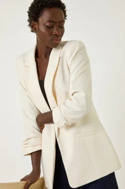 Roman Ivory Tailored Ruched Sleeve Stretch Blazer