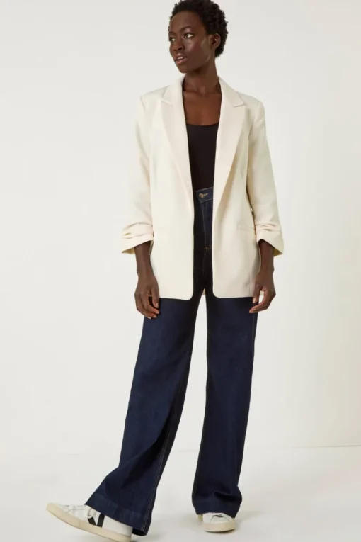 Roman Ivory Tailored Ruched Sleeve Stretch Blazer