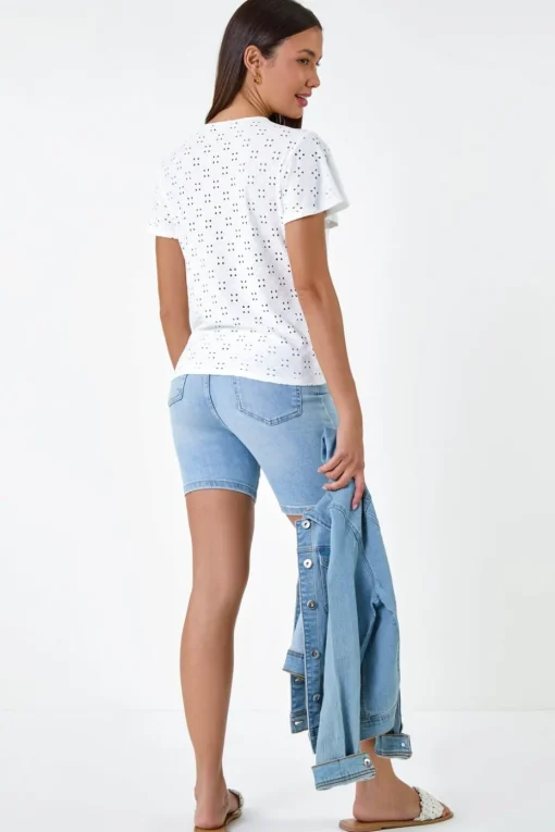 Roman Ivory V-Neck Broderie Stretch Jersey Tie Front Top
