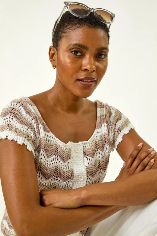 Roman Ivory Wave Crochet Buttoned Top