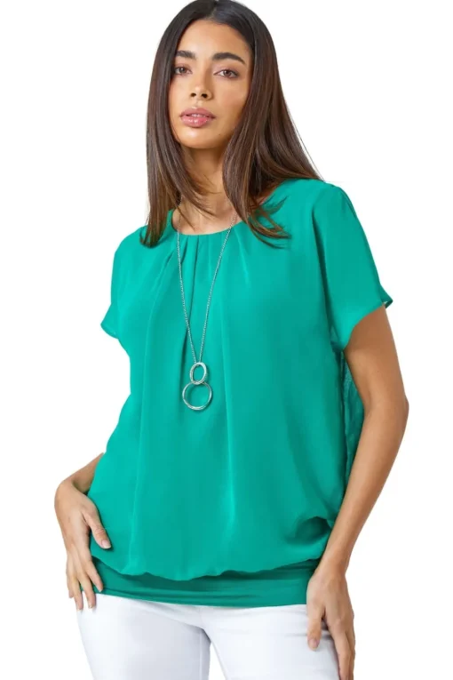Roman Jade Chiffon Jersey Blouson Top with Necklace