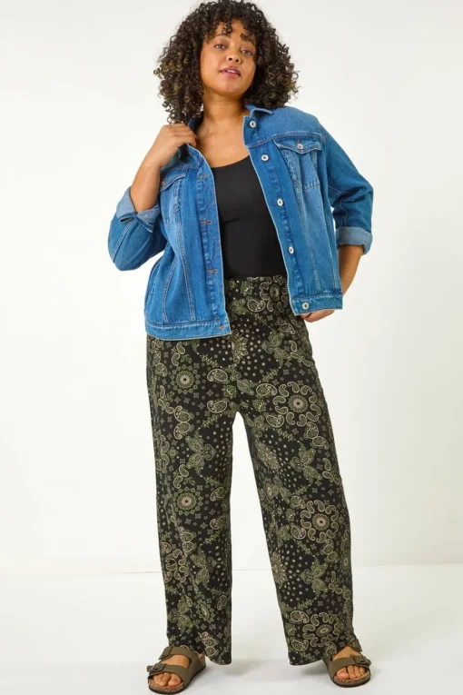 Roman Khaki Curve Paisley Print Wide Leg Trouser