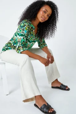 Roman Khaki Petite Aztec Stretch Button Detail Shirt