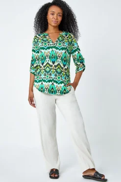 Roman Khaki Petite Aztec Stretch Button Detail Shirt