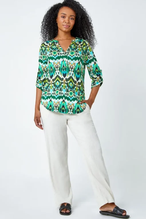 Roman Khaki Petite Aztec Stretch Button Detail Shirt
