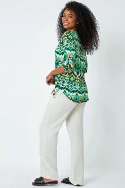 Roman Khaki Petite Aztec Stretch Button Detail Shirt