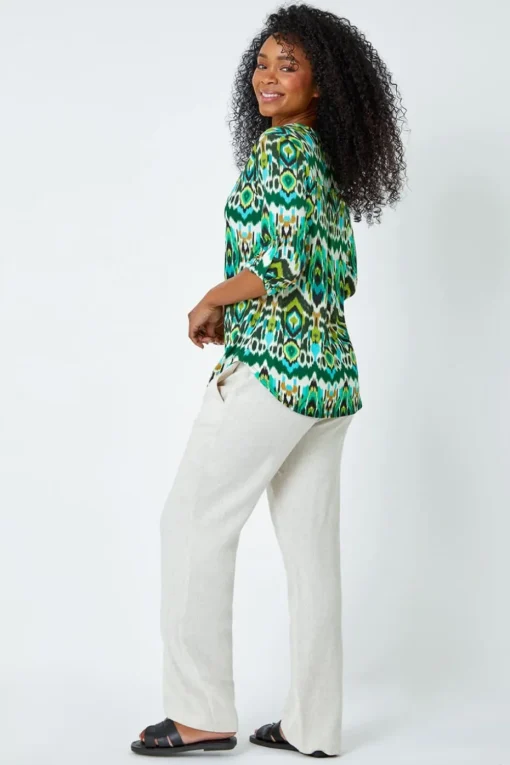 Roman Khaki Petite Aztec Stretch Button Detail Shirt