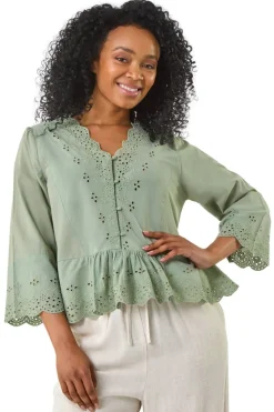Roman Khaki Petite Broderie Scallop Blouse