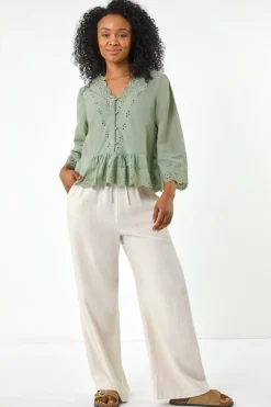 Roman Khaki Petite Broderie Scallop Blouse