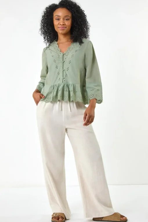 Roman Khaki Petite Broderie Scallop Blouse