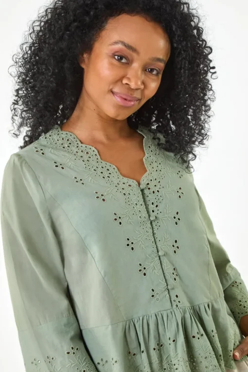 Roman Khaki Petite Broderie Scallop Blouse
