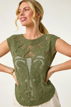 Roman Khaki Petite Curve Hem Crochet Top