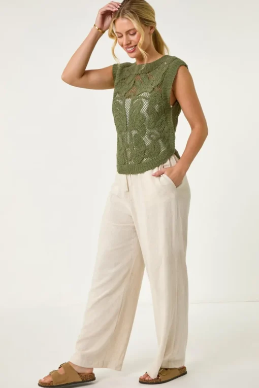 Roman Khaki Petite Curve Hem Crochet Top