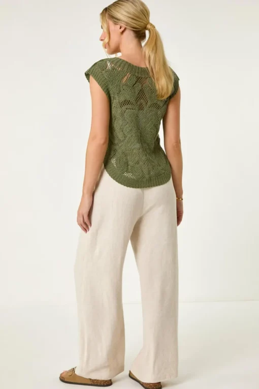 Roman Khaki Petite Curve Hem Crochet Top