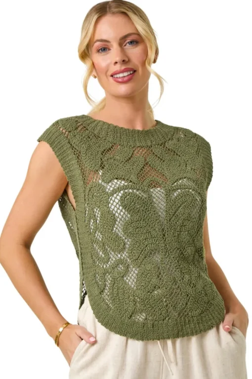 Roman Khaki Petite Curve Hem Crochet Top
