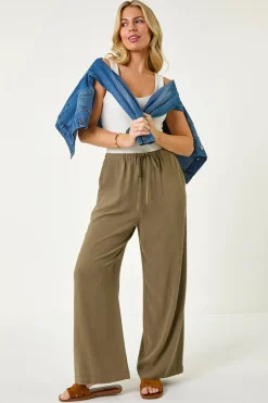 Roman Khaki Petite Linen Mix Wide Leg Trouser