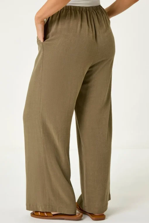 Roman Khaki Petite Linen Mix Wide Leg Trouser